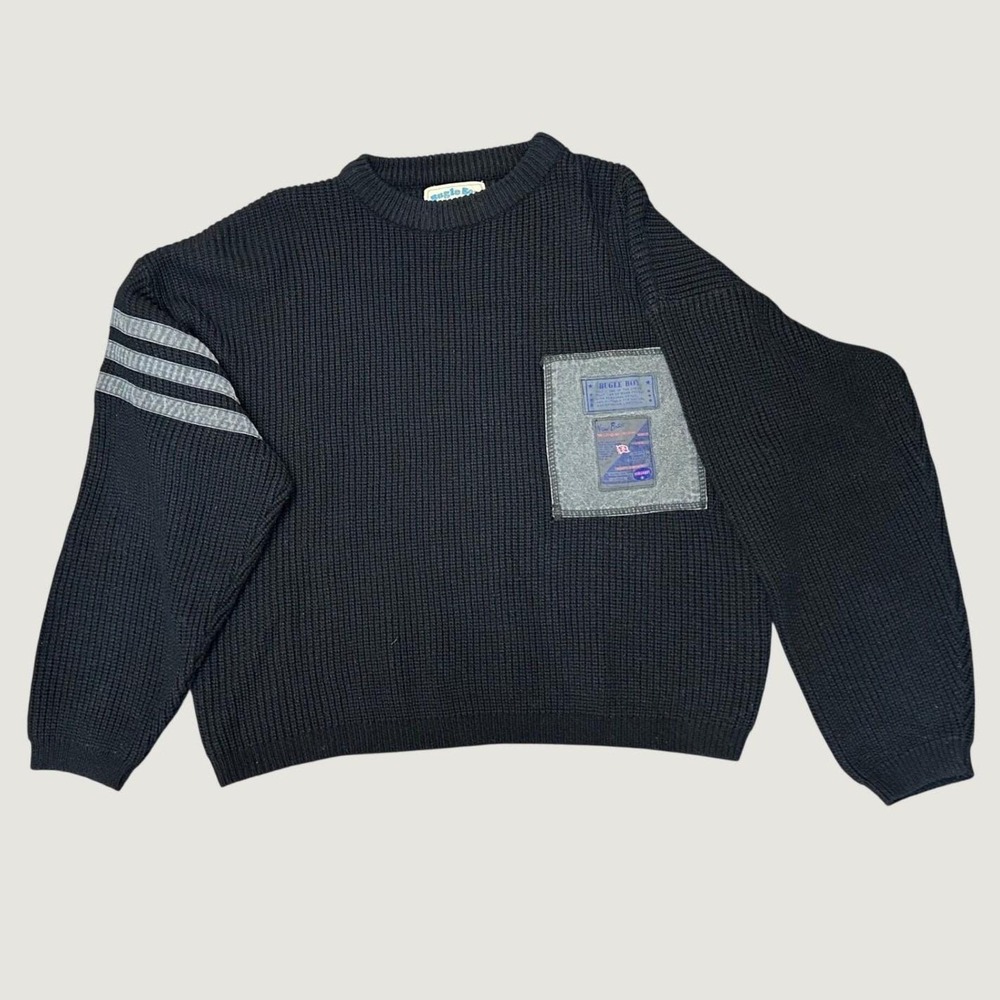 Bugle Boy Sweater Men Medium Black Vintage 90s Shaker Knit Patch Pocket Striped